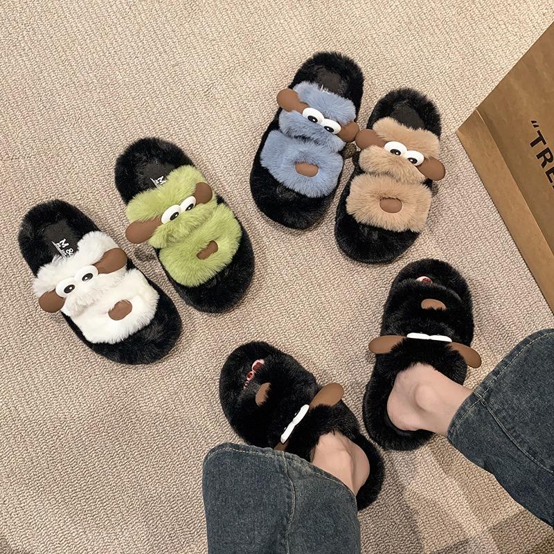 Winter Mao Mao slippers women's versatile fashion cute big-eyed dog indoor home can wear one-word slippers women