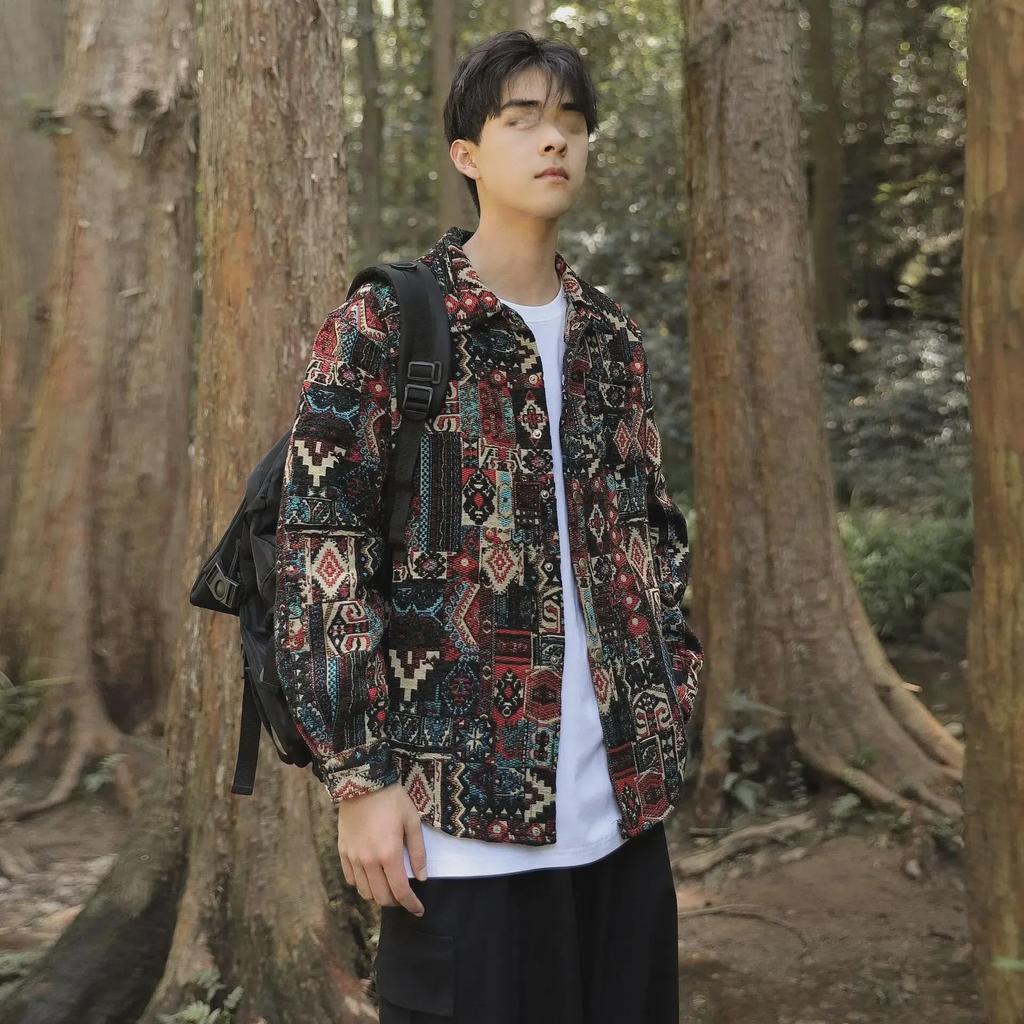 Men's Retro Jacquard Embroidered Workwear Jacket - Loose Hip-Hop Style for Spring and Autumn