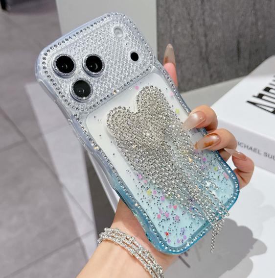 New Fashion Dropped Diamond Shining Phone Case with Love Tassel for iPhone 17pro Max TPU Phone Case
