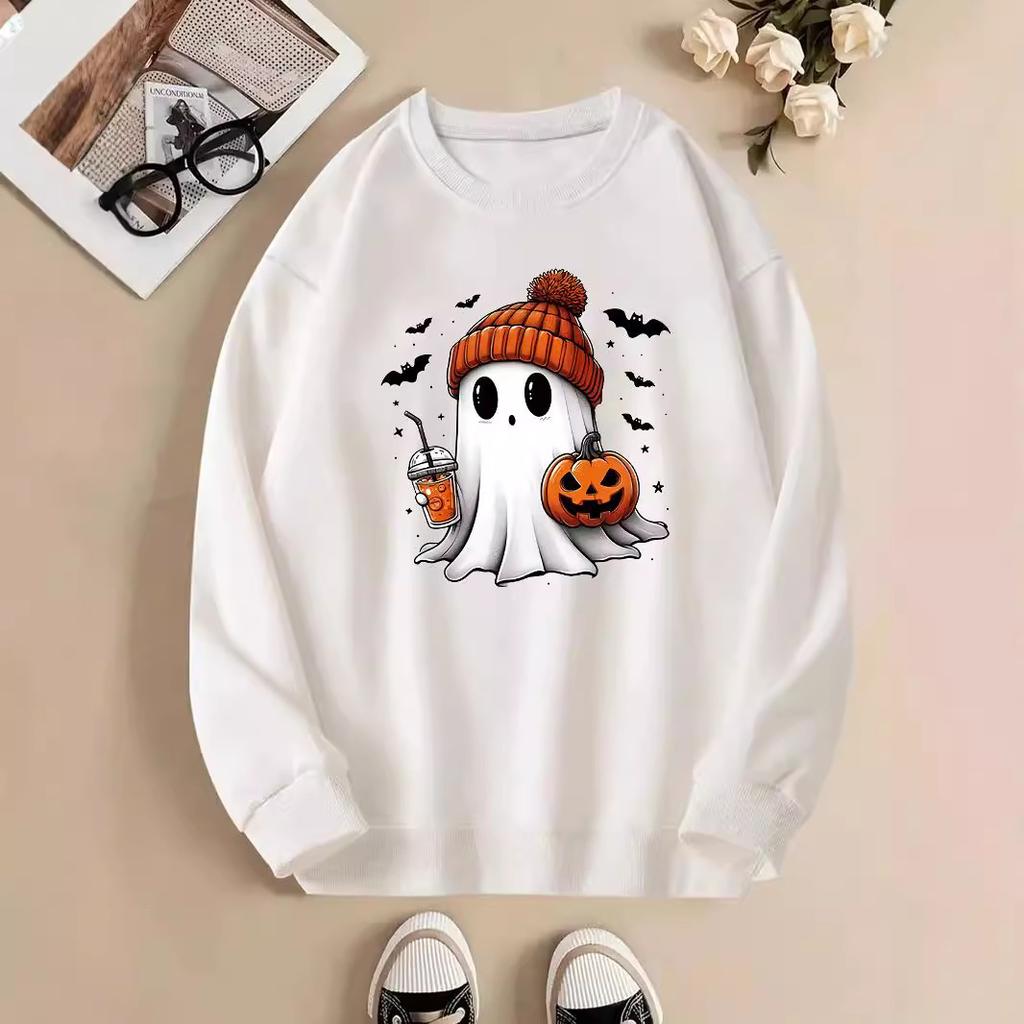 New 2025 European and American Halloween cute ghost print versatile crew neck casual long-sleeved sweater