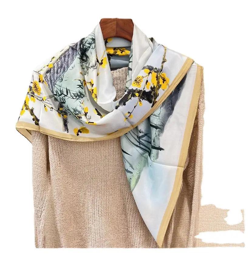 Hangzhou Silk Square Scarf Ink Painting Silk Scarf Female Versatile Chinese Style 110 Mulberry Silk Scarf