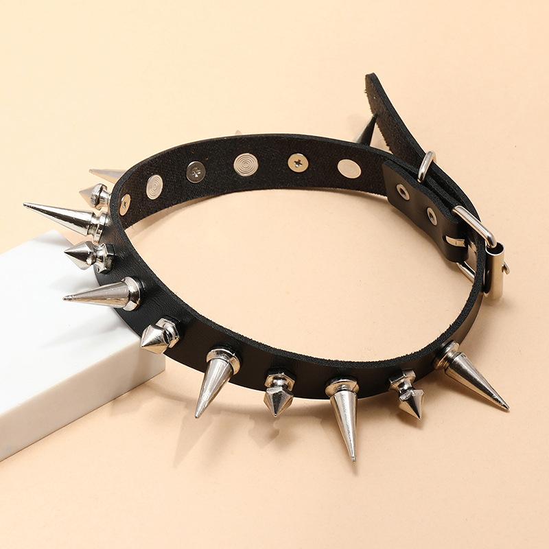 Long Spike Choker Punk Faux Leather Collar  Goth Style Necklace Accessories