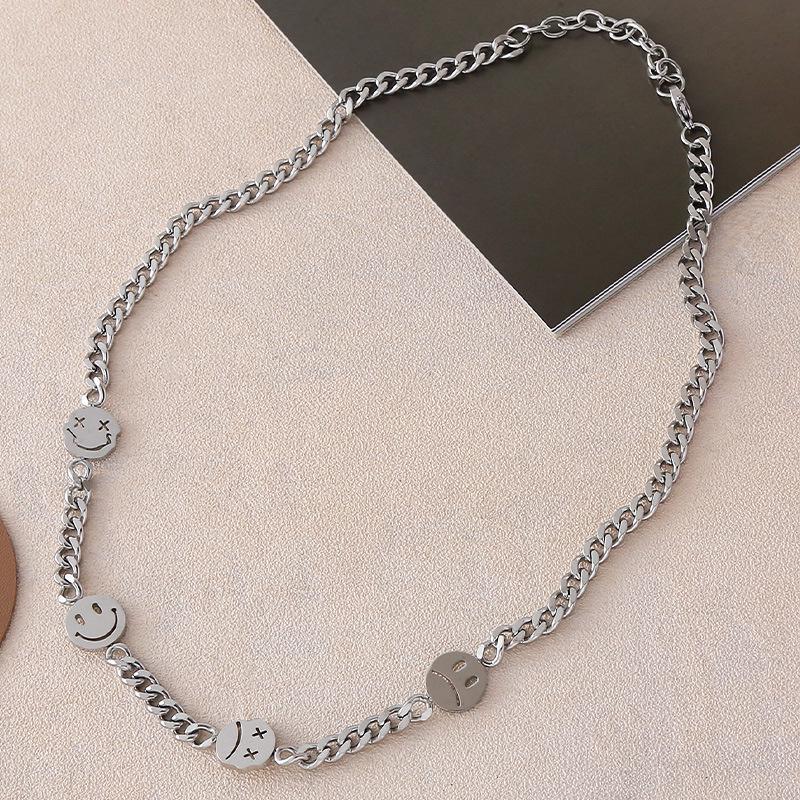 European Smiley Face Stainless Steel Bracelet & Hip Hop Cartoon Necklace Set
