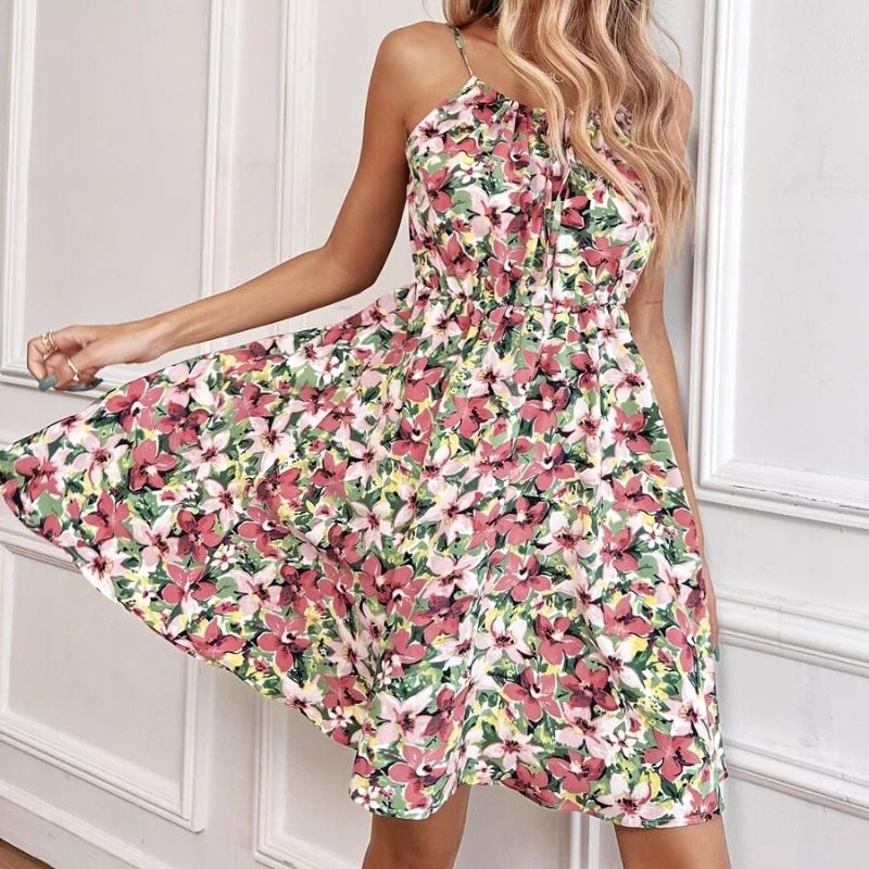 GMXIA Summer Women's Elegant Sleeveless Dress Sheath Printed Elastic Waist Halter Short Dresses