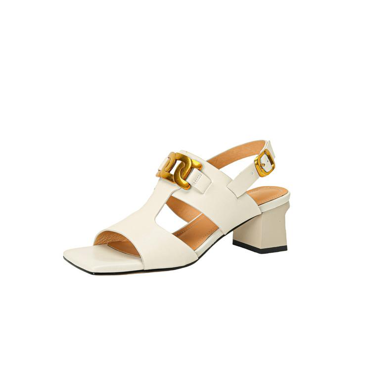 Fashion New Summer Sandals Split Leather Sandals for Women Fashion Metal Decoration Square Toe Sandals Ladies High Heels Casual Shoes