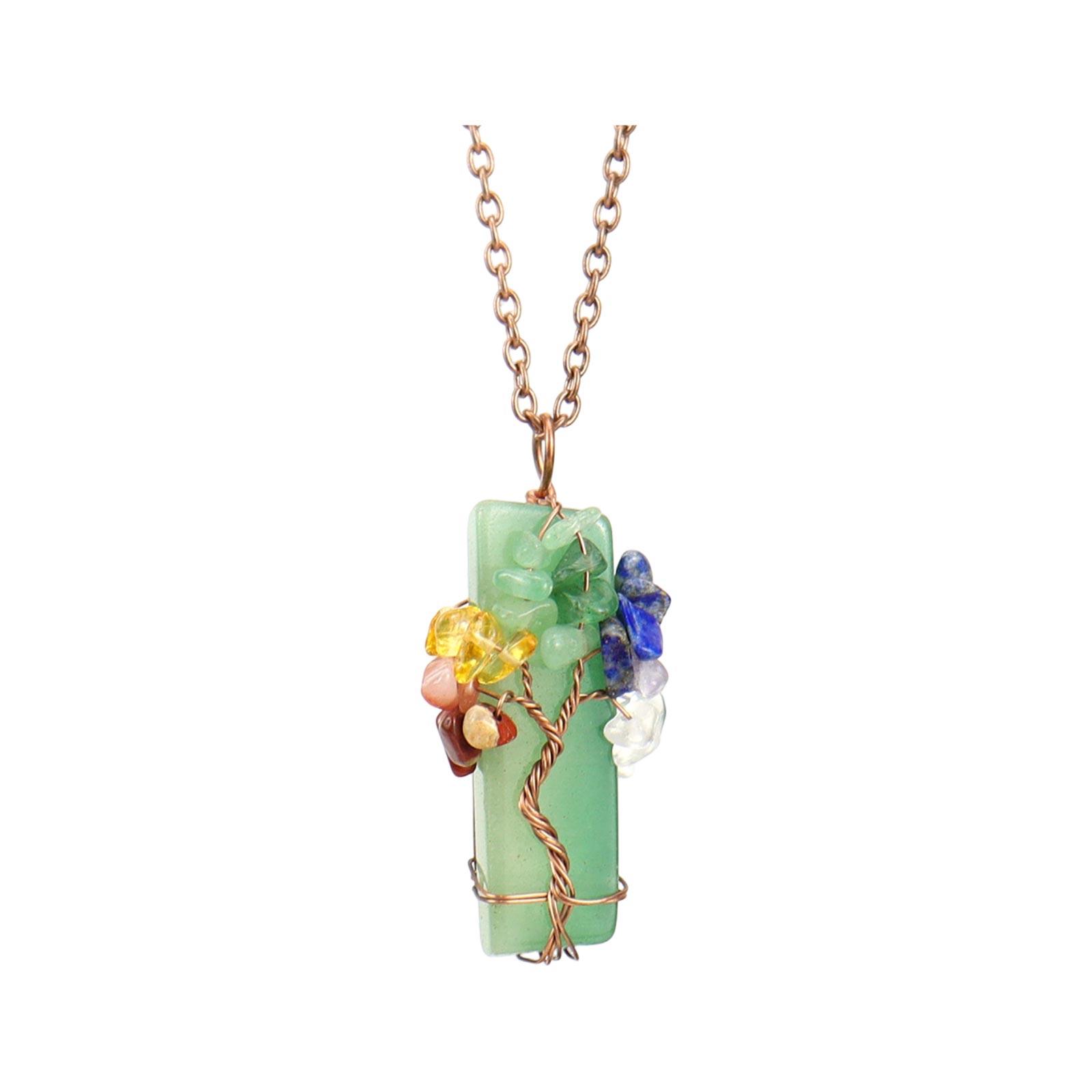 

Natural Stone Irregular Crystal Bar Pendant Necklace with Tree of Life Design and Chip Stones Handmade Wire Wrapped Jewelry for Women One Size