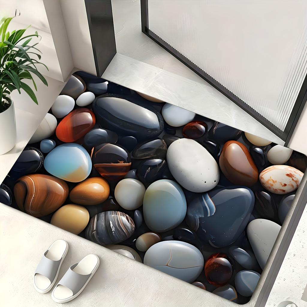 2D Colorful Polished Pebble Stone Bathroom Mat Natural Smooth River Rock Print Decorative Modern Indoor Bath Floor Rug