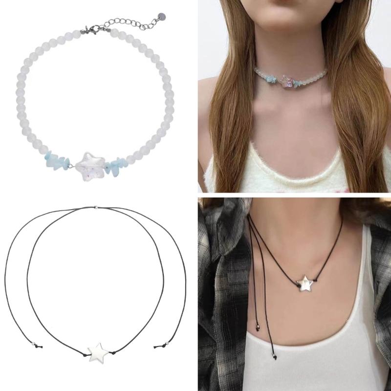 Simple Star Pendant Necklace Glass Beaded Clavicle Chain Choker Necklace Statement Jewelry Fashion Neck Chain Gifts