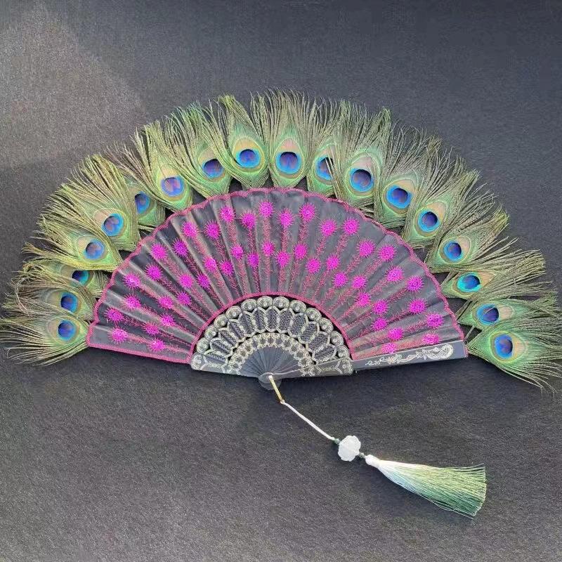 1PC Folding Fan Colorful Peacock Feather Home Decoration Embroidery Sequin High Quality Dance Hand Fans