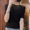 2025 Sommer Strickbluse Freizeithemden für Damen O-Ausschnitt Strickwaren T-Shirt Sonnenschutz Diamant Kurzarm Pullover T-Shirt 28281