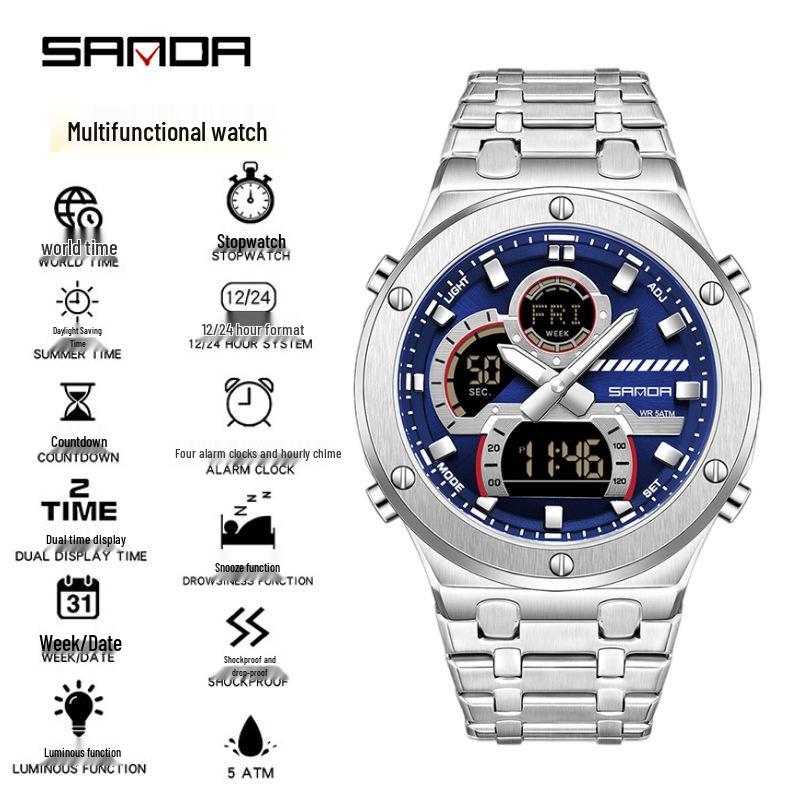 Sanda Trendy Multifunctional Waterproof Student Wristwatch with World Time Display