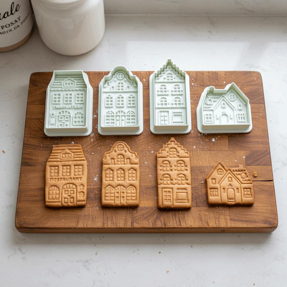 4-teilige 3D-geprägte Keksausstecher mit Federdruck-Design, Fondantformen, Keksstempel, Festlich