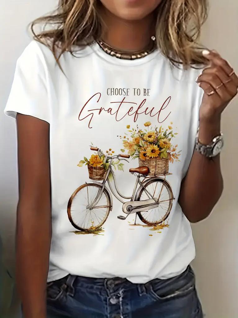 Women's Choose to Be Grateful Floral Bike Short Sleeve Printed T Shirt Clothing Women's T-Shirt Graphic Clothing Women's Top Tee