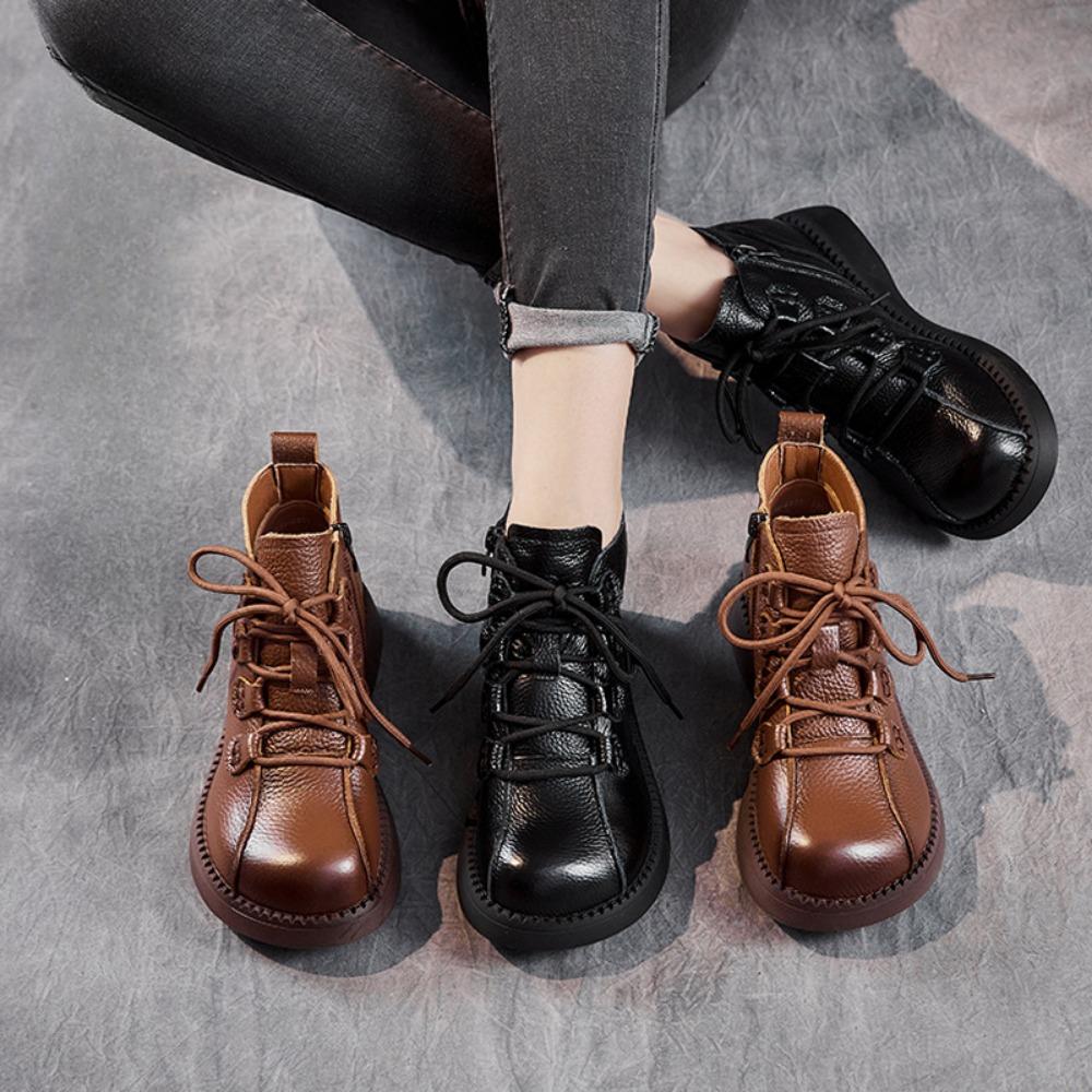 Short Boots For Women Spring And Autumn New Thick Soled Ankle Boot Womens Retro Small Leather Shoes Middle-Aged Mothers Shoes