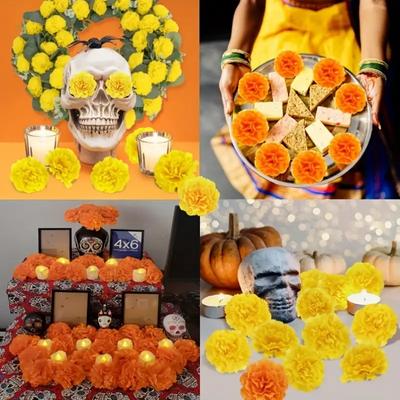 Artificial Carnation Marigold Flower Heads for Halloween Decorations Day of the Dead Mexican Indian Diwali Festival Party Decor