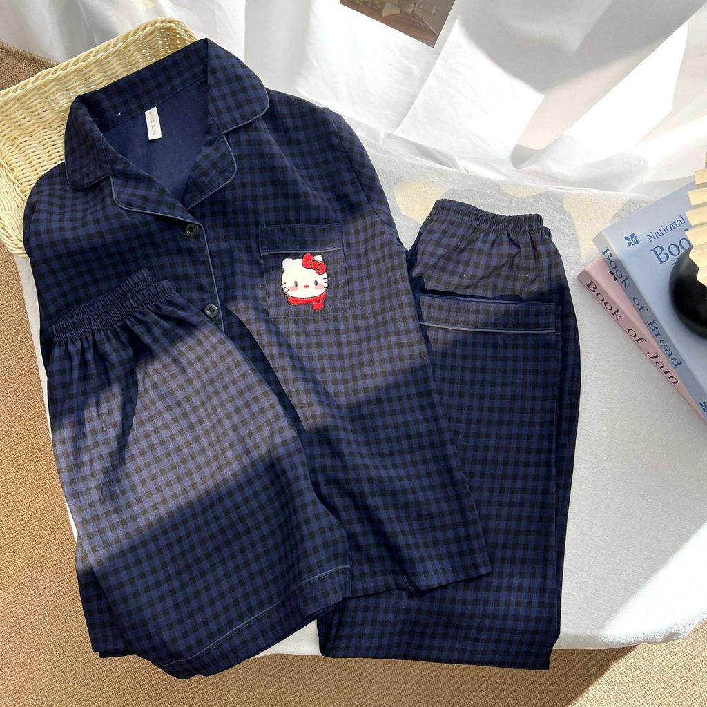 Kariertes Hello Kitty Pyjama-Set - Damen Kurzarm Frühling/Sommer 3-teilig