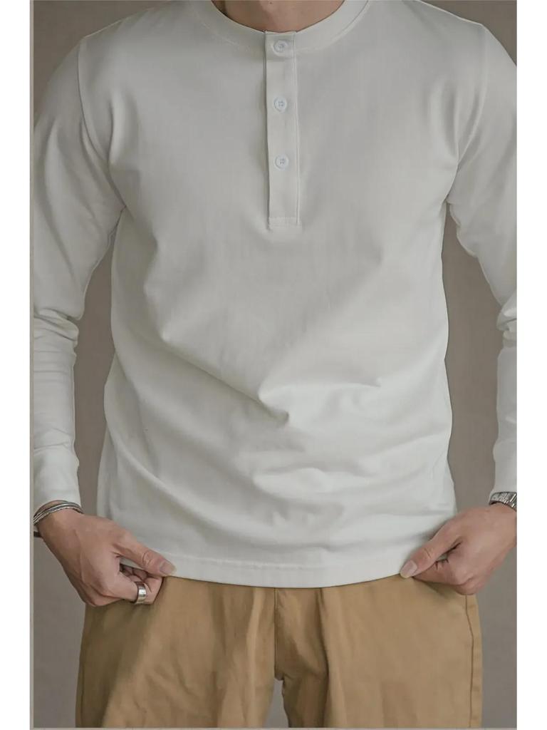 Men's Slim Fit Khaki Henley: 320g Cotton, Long Sleeve, Retro Style for Autumn