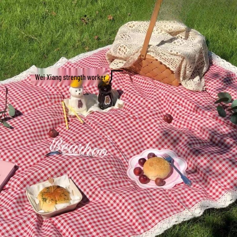 Red Plaid Outdoor Picnic Mat: Thick, Moisture-Proof, Insulated, Lace Trim, Portable for Camping, Photography & Beach.
