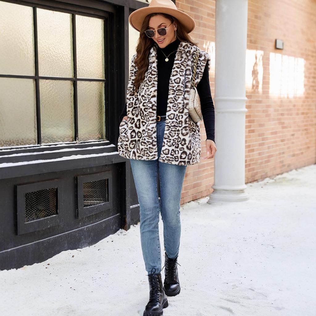 Gilet Imbottito Inverno Media Lunghezza Stampa Leopardo Caldo Gilet Per Donne