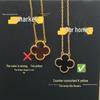 18K Gold-Plated V Design Four-Leaf Clover Necklace with Rose Red Chalcedony, Agate, and White Shell Pendant