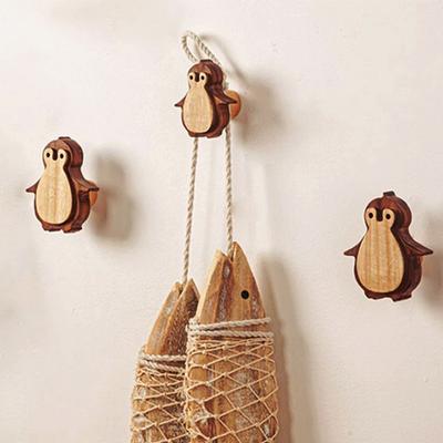 New Kitchen Wood Animal Hook Cute Room Decor Hook For Home Drawer Wardrobe Door Handle Accessories Penguin Keychain Wood Hook