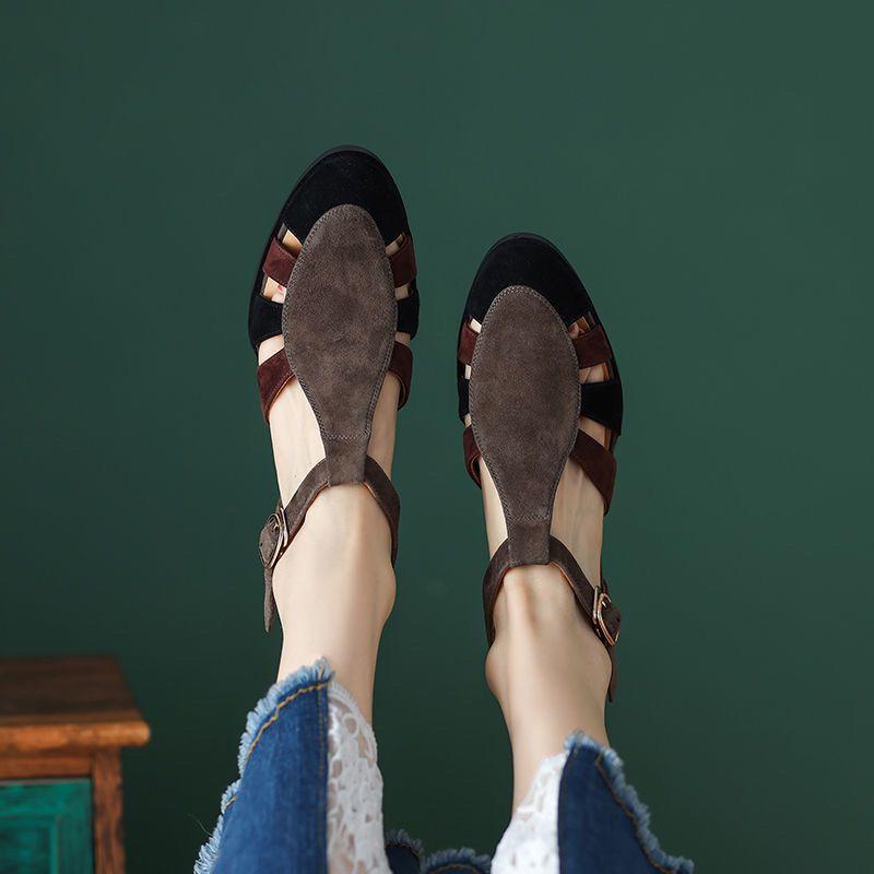 

2024 Новые сандалии Baotou из натуральной кожи, женские сплайсированные простые туфли на толстом каблуке, женская обувь 40 темно-серого