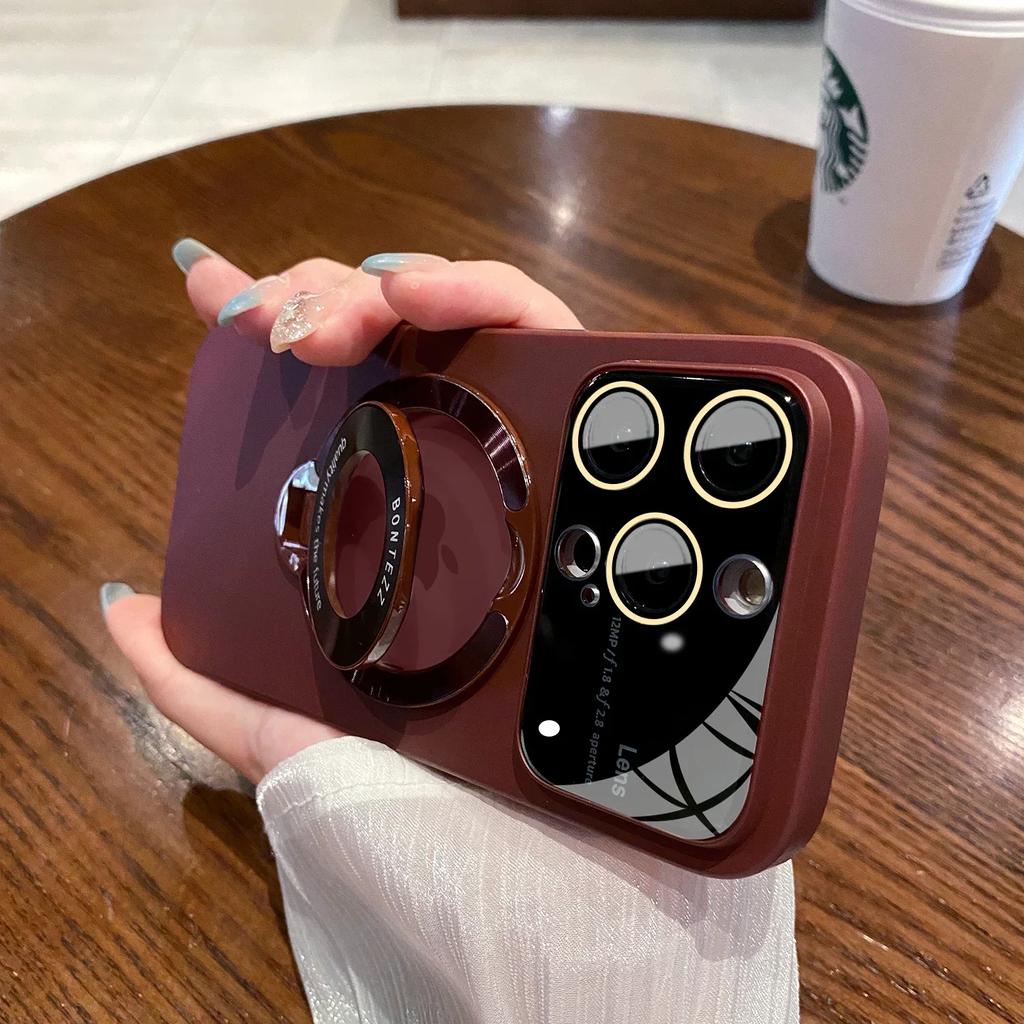 Slim Matte PC Bracket Case For iPhone 15 14 13 12 11 Pro Max 14 Plus For Magsafe Stand Holder Glass Lens Protector Luxury Cover