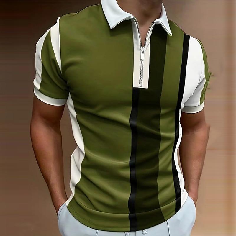 Men's Shirt Polo Casual Zip Short Sleeve Fashion Casual Zipper Summer Spring Regular Fit 3D Grey Stripe Print Shirt