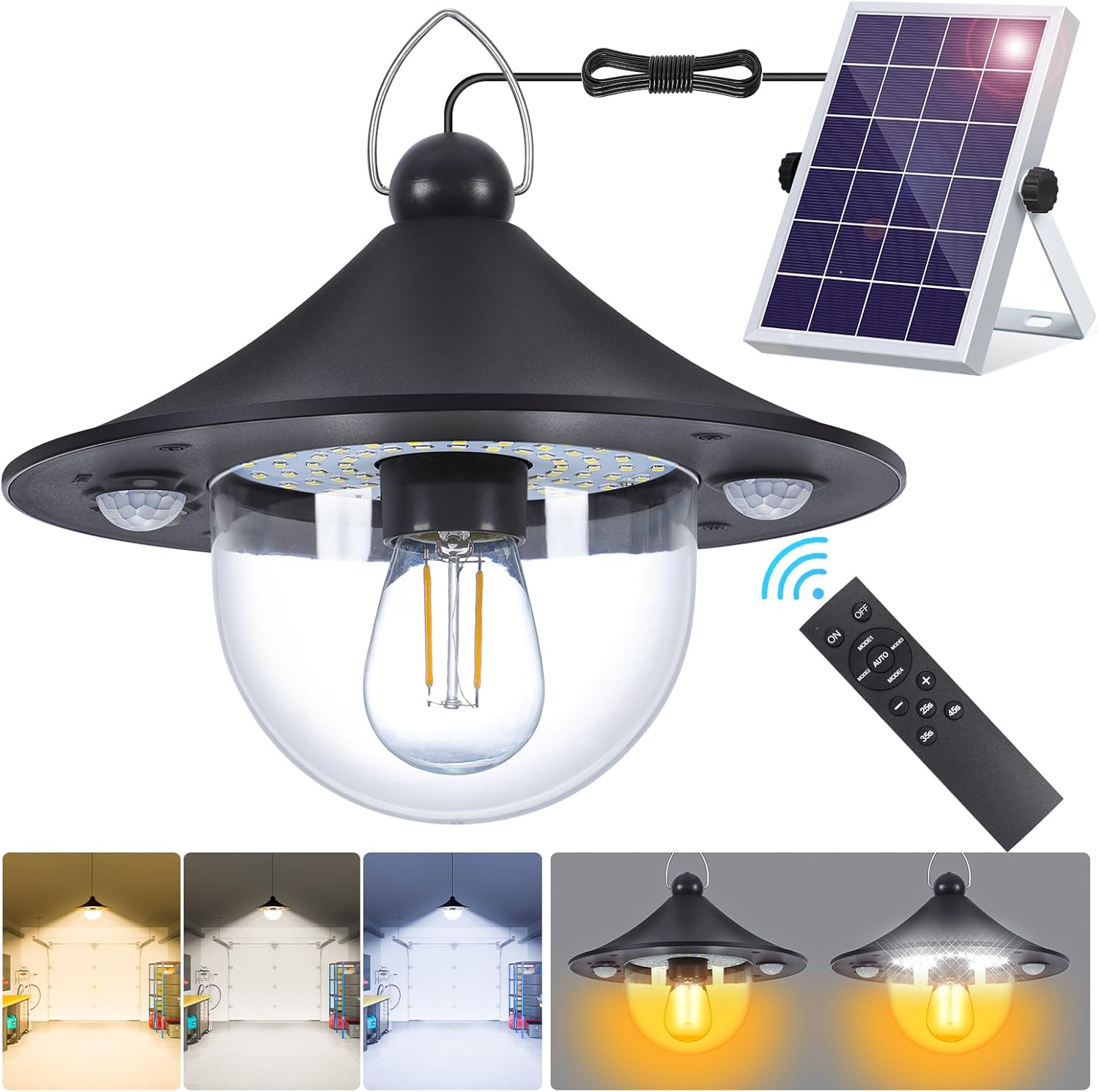 

Solar Indoor Outdoor Shed Light with 3000LM 3 Color Temperatures 5 Modes Solar Powered Hanging Barn Light with Remote for Shed 1 Pack білий