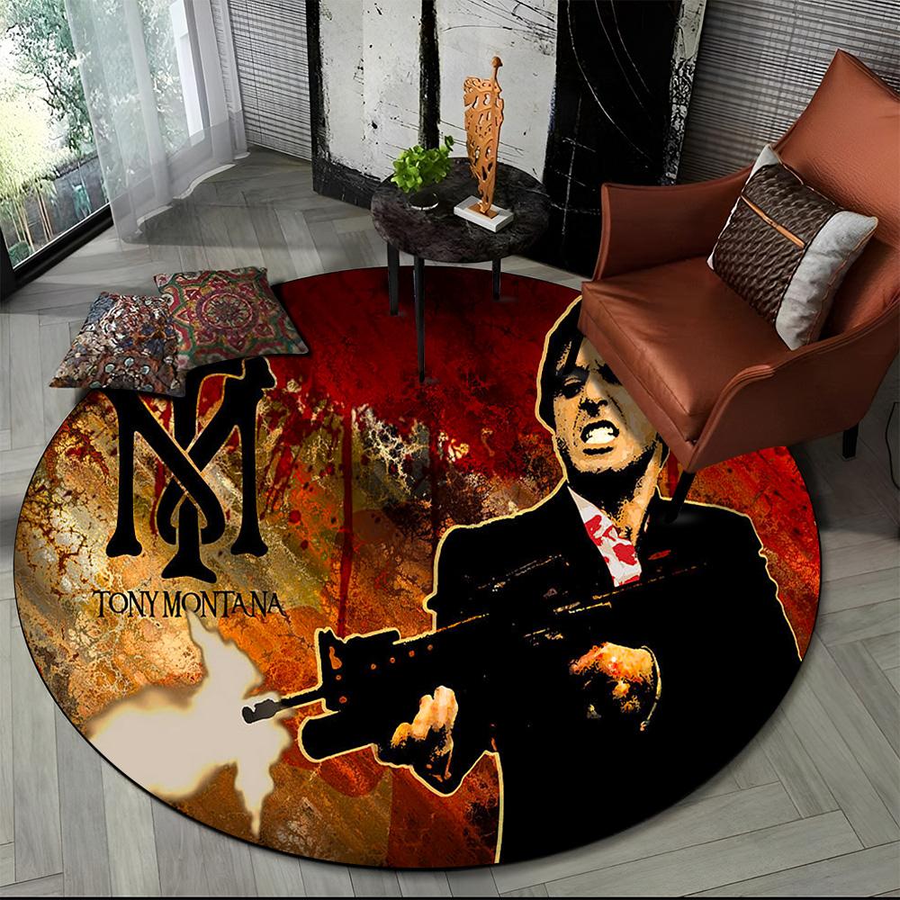 3D Tištěný Film Scarface Tony HD Kulatý Koberec pro Obývací Pokoj Ložnici Dětský Herní Koutek Dekorace, Koberec do Zvířecí Zóny Protiskluzová Podložka