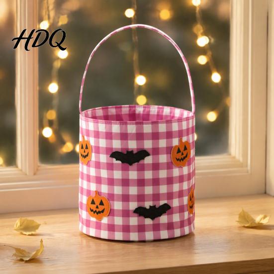Trick or Treat Bags Halloween Bucket Basket for Kids Boys Girls Plaid Pumpkin Fall Festival Decorations Bat Ghost Candy Tote Bag with Handle
