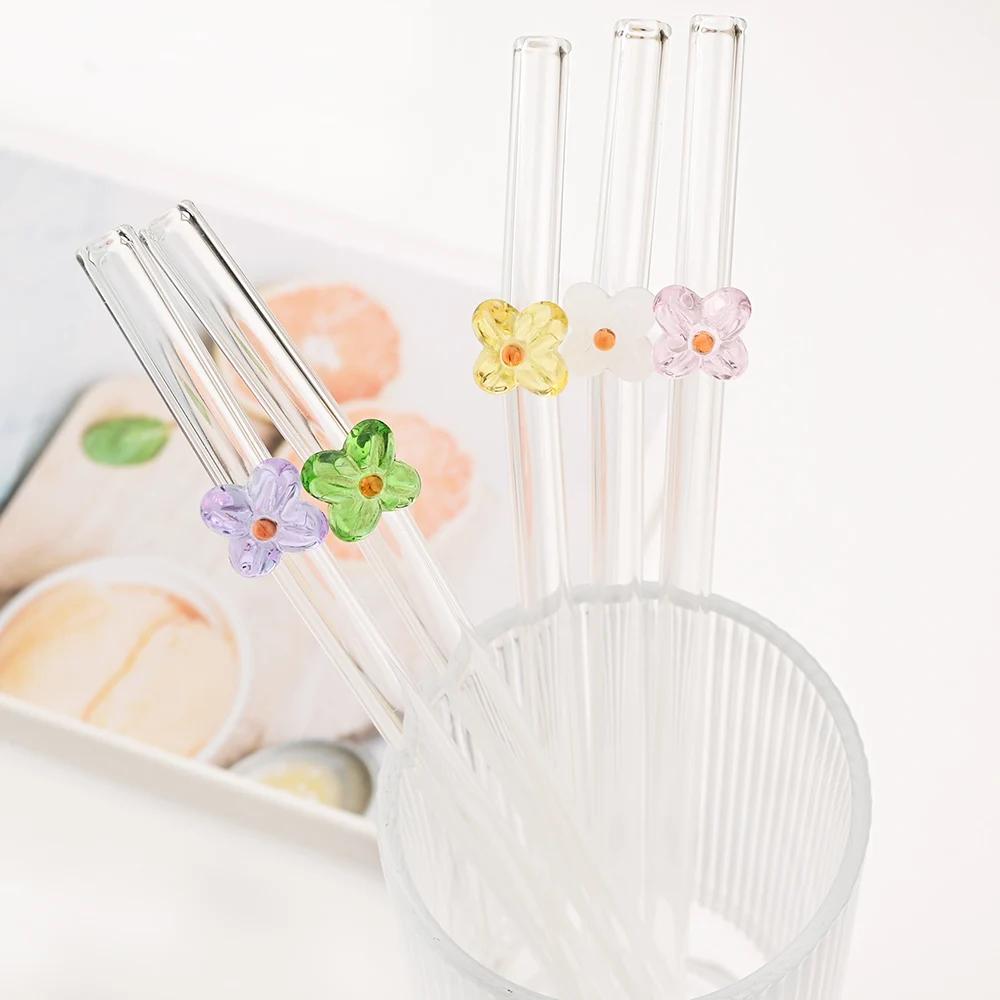 6Pcs Drinking Straw with Brush Set High Borosilicate Glass Flower Bent Straws Set Milk Coffee Shake Cocktail Straw Bar Drinkware