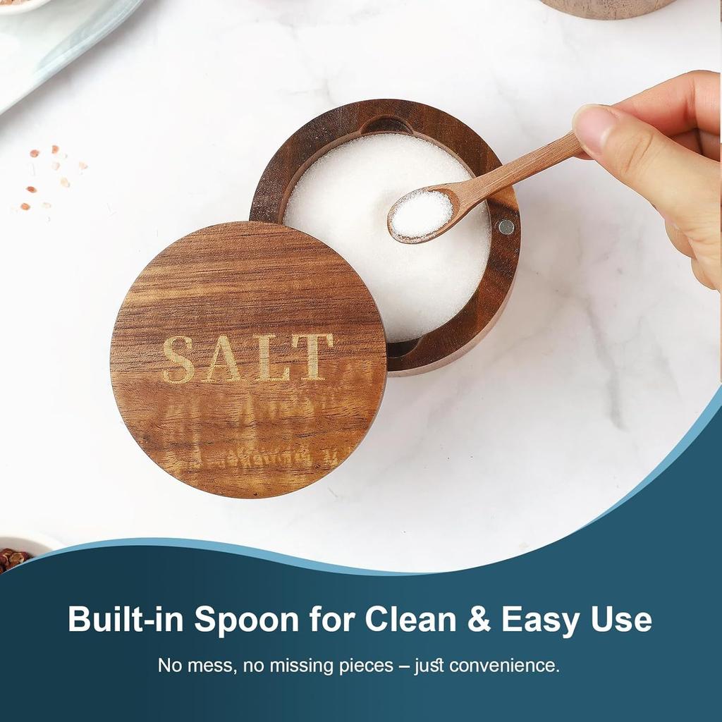 Bamboo Salt Cellar, 2 PCS Salt Container with Built-in Spoon, Salt Box Bowl with Magnetic Swivel Lid, Elegant Kitchen Salt Holder Saver Jar To Storage