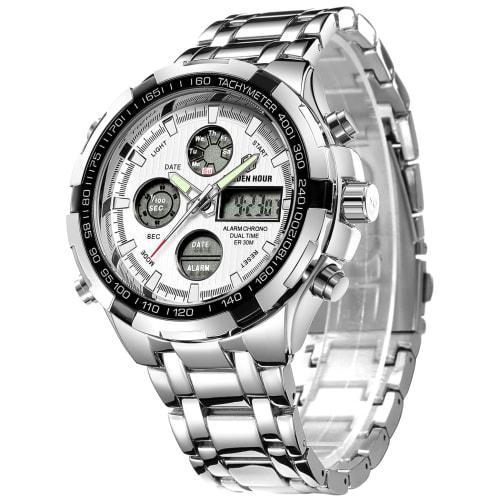 GOLDEN HOUR Luxury Stainless Steel Analog-Digital Watch for Men, Outdoor Sports, Waterproof, Big, Heavy, Silver-White, Digital, Quartz Movement.