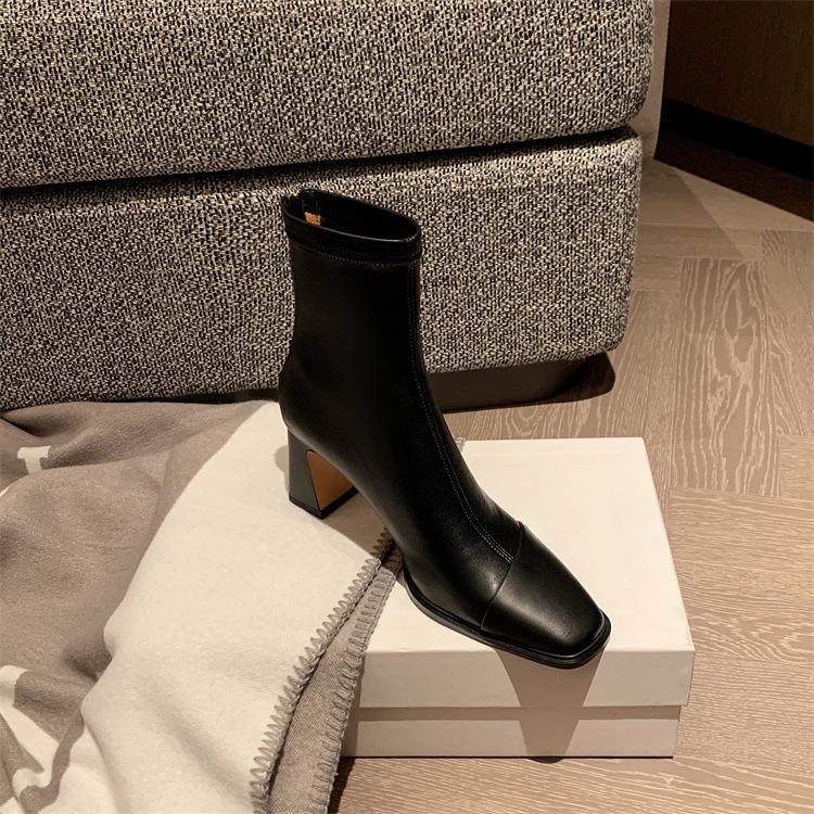 French retro thin boots women's Martin boots autumn and winter temperament foreign style square head high heels short boots thick heel elastic single