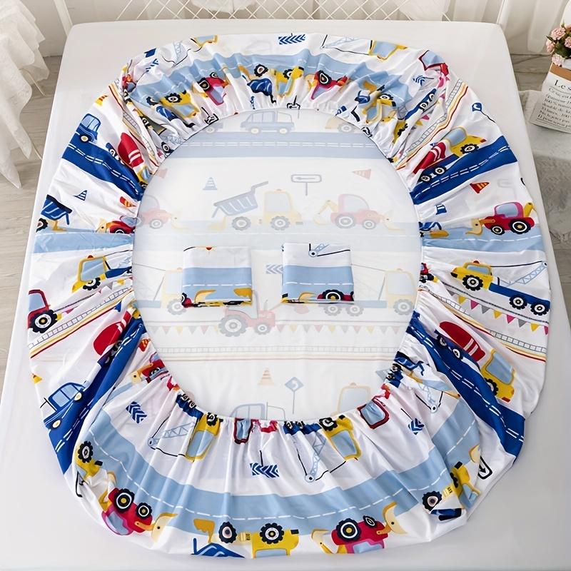 3-teiliges Spannbettlaken-Set mit Cartoon-Baumaschinenmuster - Weich, atmungsaktiv und hypoallergenes Bettlaken-Set Lebendig-Perfekt