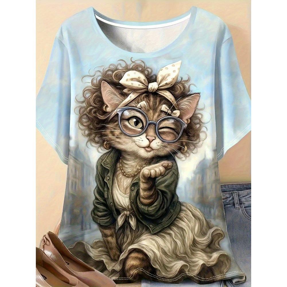 Plus Size Casual Crew Neck Short Sleeve Cat Animal Print T-Shirt - Soft Stretch Polyester Fabric Spring and Summer Womens Relaxed Fit Clothing
