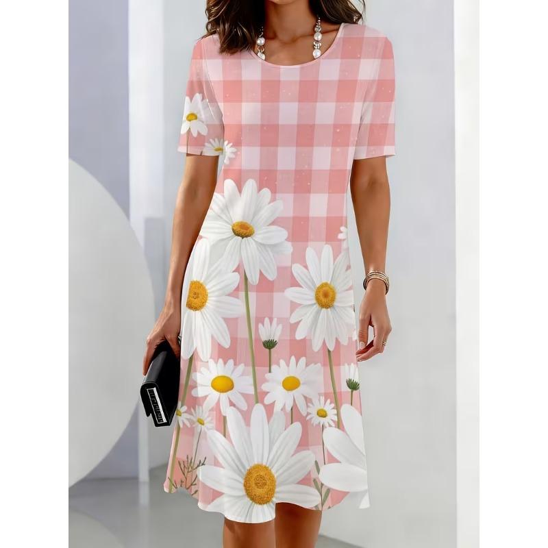 Women's Bohemian Floral 3D Print A-Line Dress with Short Sleeves Vibrant Multicolor Flower Pattern Female Clothing Casual Dress