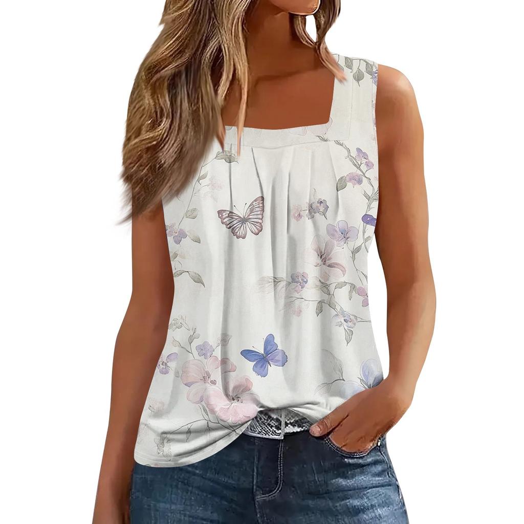 Women's Fashion Casual Pleated Square Collar Sleeveless Vest Print Summer T-shirt