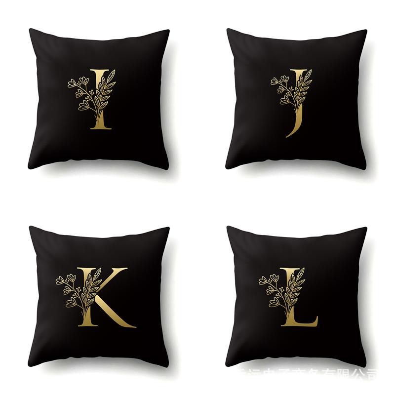 Polyester Pillowcase Car Decoration Black Gold Flower Pillowcase 26 English Letters Home Cushion Cover