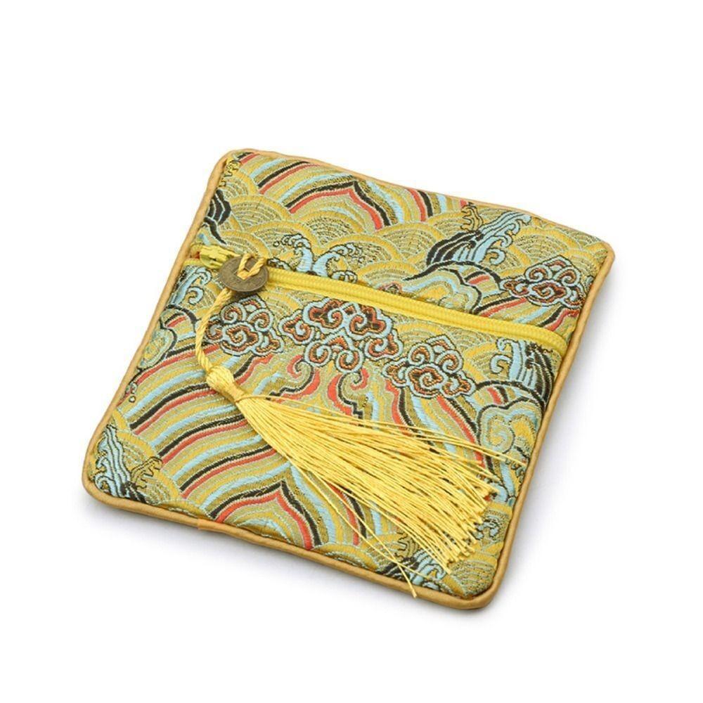 Women Exquisite Silk Jewelry Organizer New Chinese Style Embroidery Jewelry Storage Bag Wave Flower Zipper Bag