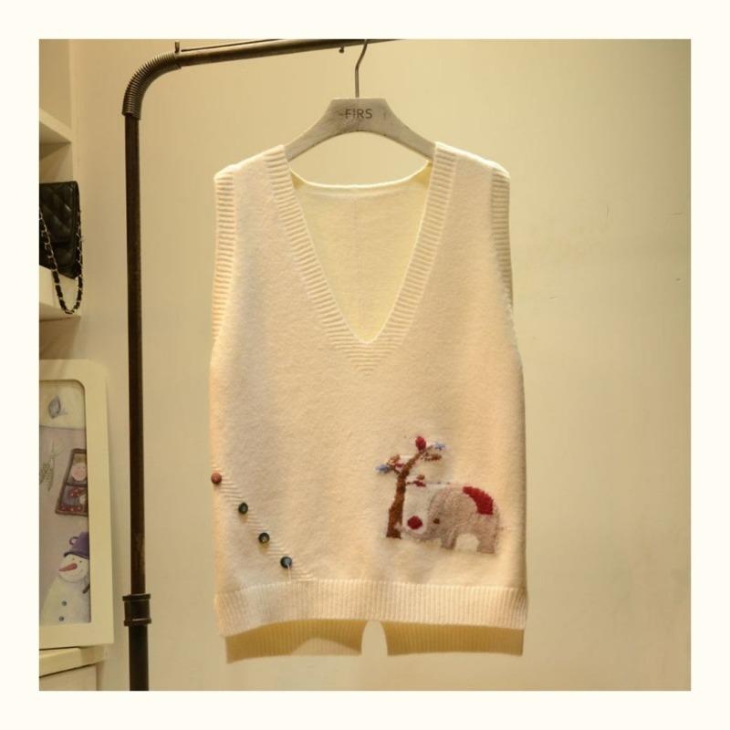 Embroidered Cartoon Elephant Women Knit Vest Retro Style Knitted Pullover Loose Casual Solid Color Thin Sweater Harajuku Style Knit Base Shirt Autumn