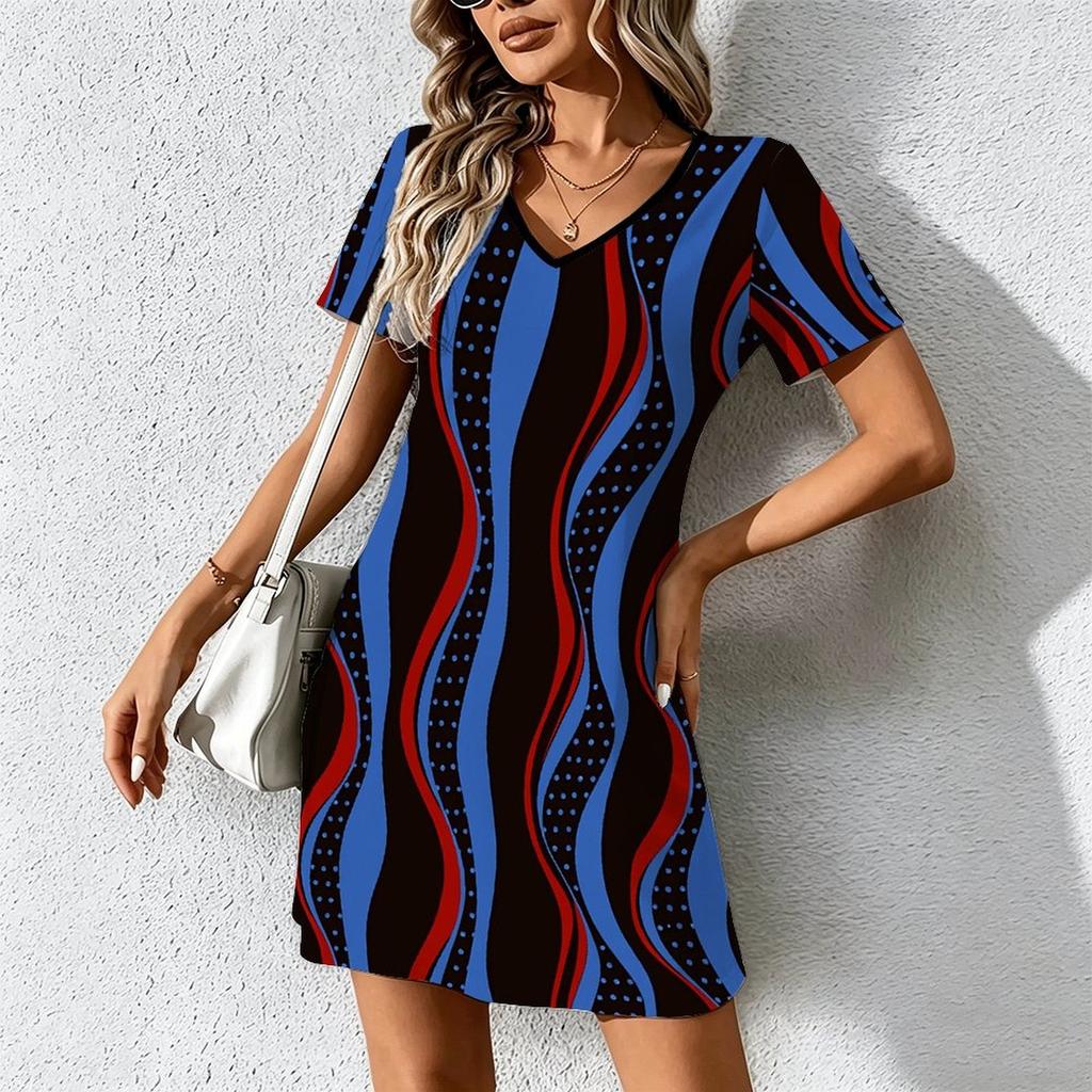 Mode d'été pour femmes Robe à col en V à manches courtes avec imprimé géométrique rétro Jupe courte sexy Robes