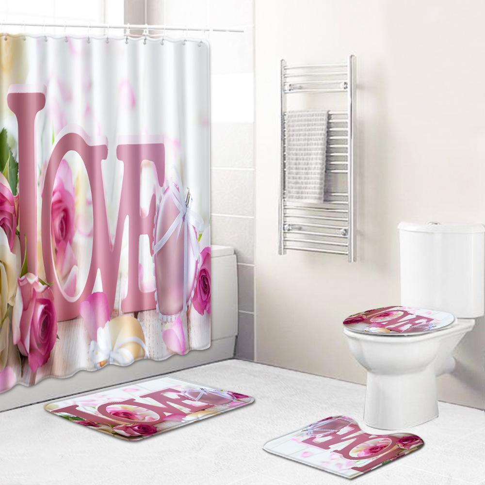 Love Valentine'S Day Shower Curtain Floor Mat Four-Piece Set Bathroom Non-Slip Door Mat Bedroom Carpet
