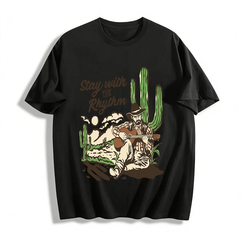 

Stay with the Rhythm Western Desert Cowboy Guitar Print Casual T-Shirt Pure cotton T-shirt 6XL