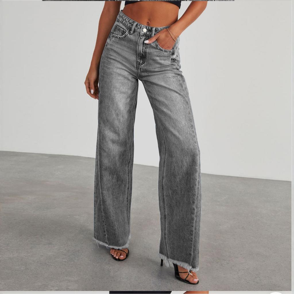 Damen Jeans High Waist Straight Wide Leg Denim Hose