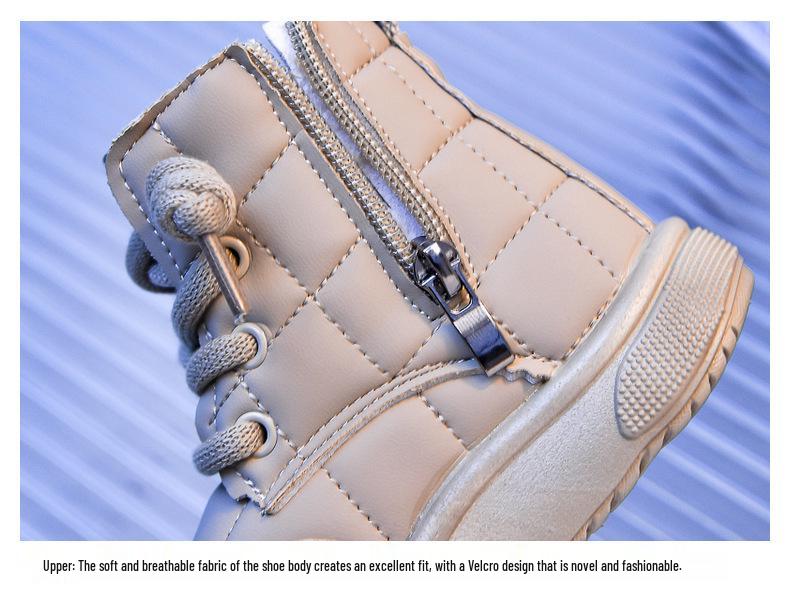 Kinder 2023 Koreanischer Stil Fleecegefütterte Baumwoll-Stiefeletten: Weiche Sohle Winterwärme für Jungen und Mädchen High-Top Brotstiefel.
