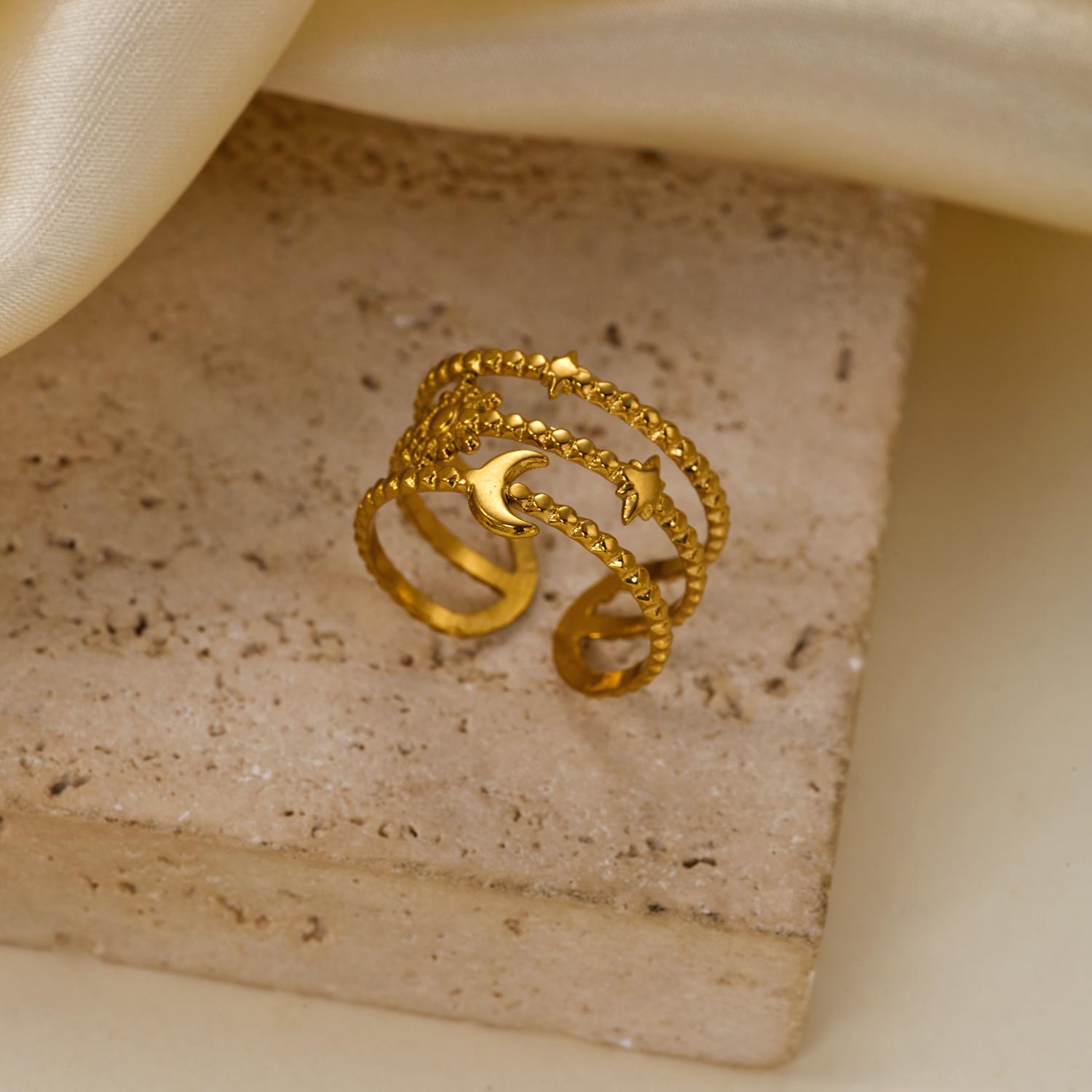 Luxury Geometric Irregular Textured Stainless Steel Gold Tone Ring for Women Stackable Statement Wedding Party Elegant Jewelry