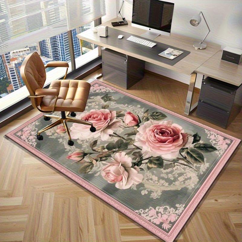 Pink RoseFloral RugElegant Flower Pattern Carpet for Bedroom Romantic and Chic Home Decor Anti slip carpet can be machine washed