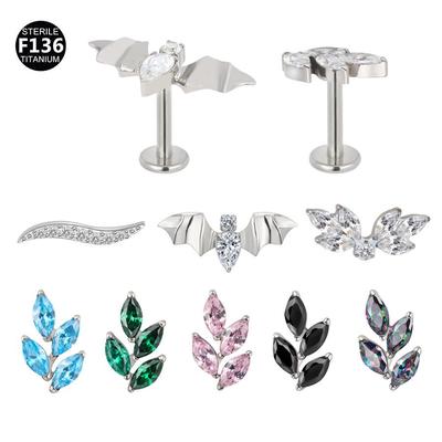 F136 Titanium Bat Wing Piercing with Zircon Leaf Stud Earrings - Fan-Shaped Cartilage Jewelry, 1.2/1.0mm Thick